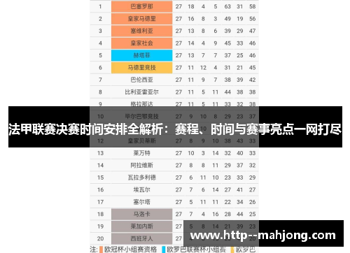 法甲联赛决赛时间安排全解析：赛程、时间与赛事亮点一网打尽
