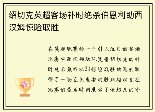 绍切克英超客场补时绝杀伯恩利助西汉姆惊险取胜